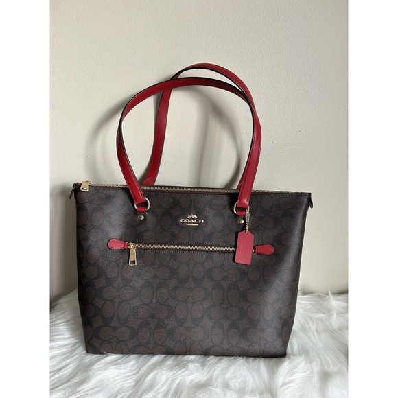 Coach Handbags - Coach Gallery Tote Brown Red Signature‎ Canvas Leather Shoulder Bag NEW